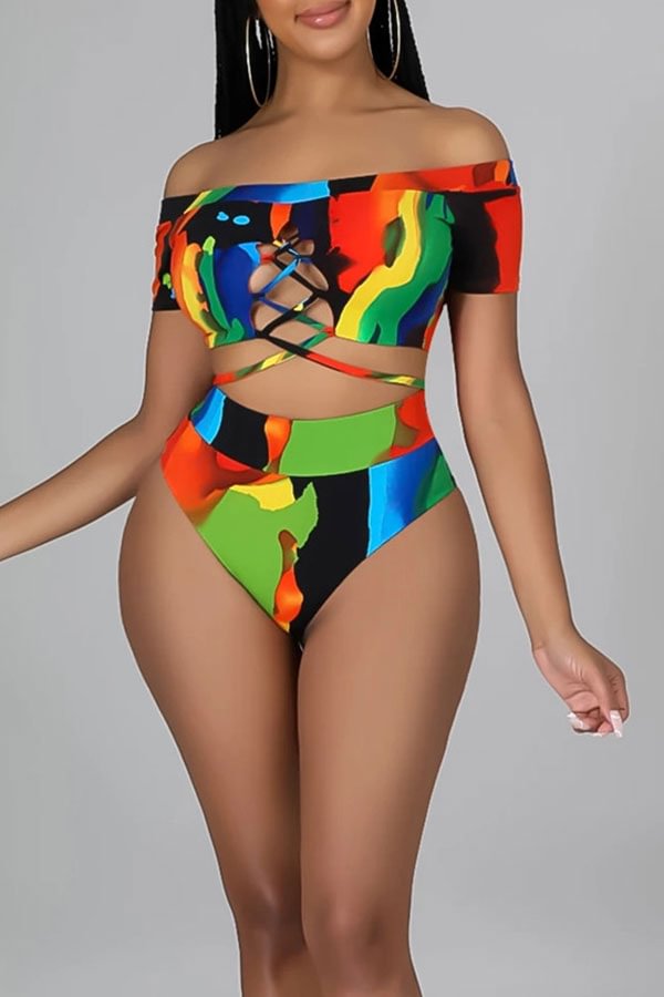 Abstract Print Off Shoulder Colorful Strappy Cutout Bikini