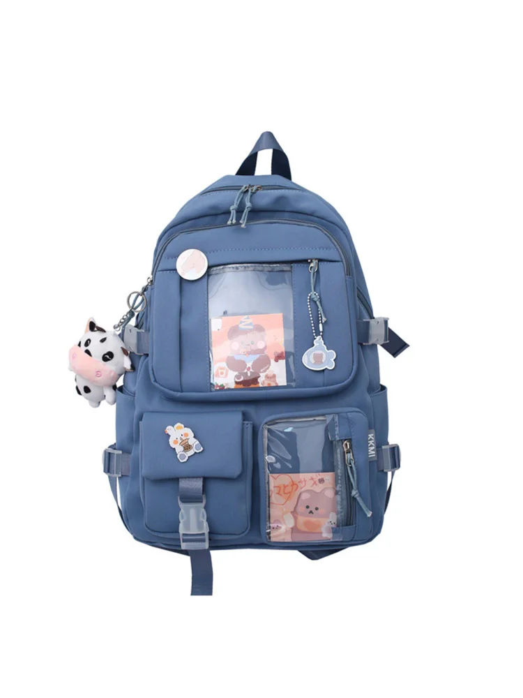 Women Preppy Style Patchwork Clear Backapck Students Large Rucksack (Blue)