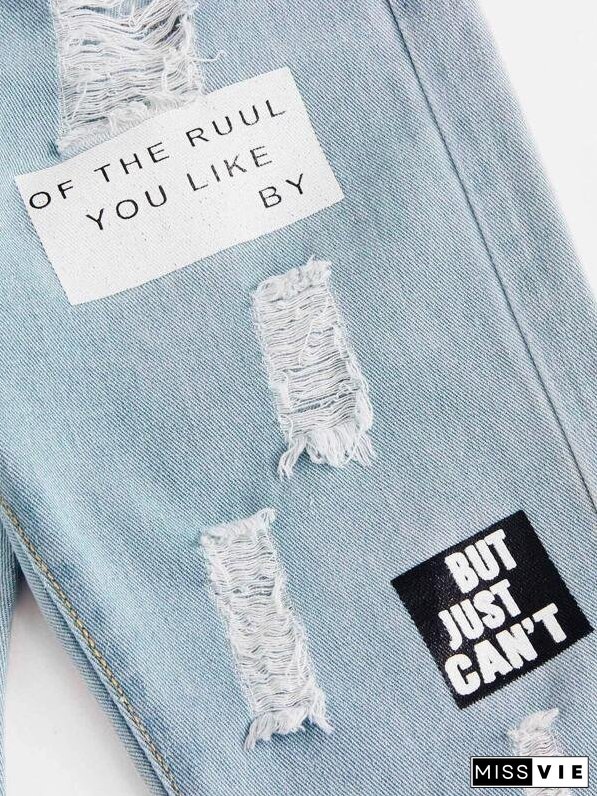 Plus Slogan Graphic Ripped Boyfriend Jeans for Women