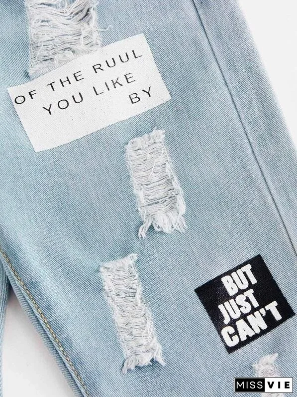 Plus Slogan Graphic Ripped Boyfriend Jeans for Women