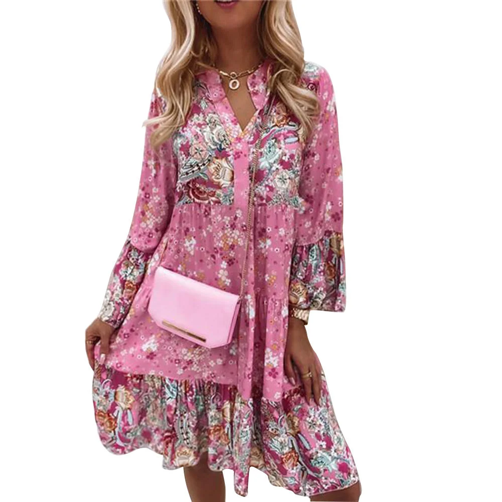 Uveng Floral Stitching Swing Printing Short Cropped Sleeves Layered Mini Dress