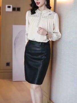 Fitted White Stand Collar Wrinkled Print Chiffon Shirts Long Sleeve