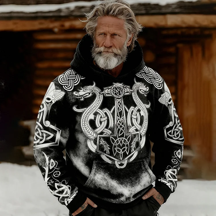 Men's Vintage Viking Celtic Knot With Dragon Print Casual Hoodie