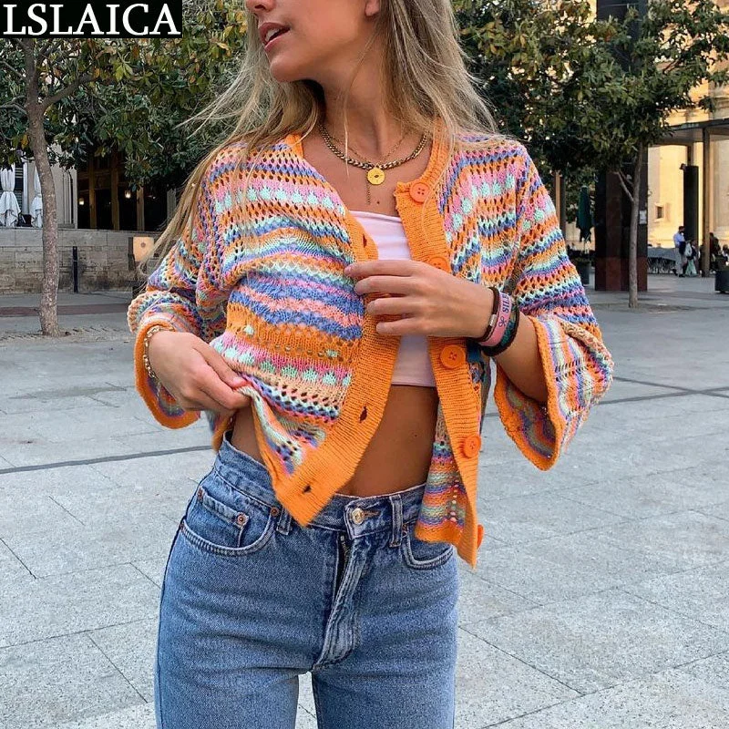 Cardigan Top Women Long Sleeve Single Button Decorated Slim Rainbow Striped Patchwork Women's Sweater Spring Autumn Fashion 2021