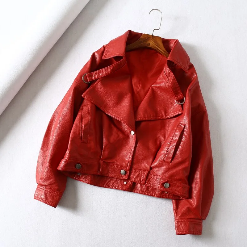 FTLZZ New Women Faux Leather Jacket Batwing Sleeve Coat Retro Short Zipper Motor PU Red Jacket Autumn Street Leather Coat