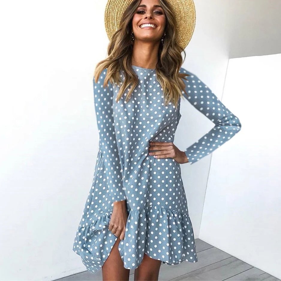 Lossky Women Spring Dress Fashion Polka Dot Print Ladies Casual Clothing Long Sleeve Mini Short Loose Yellow Dresses 2020 Autumn