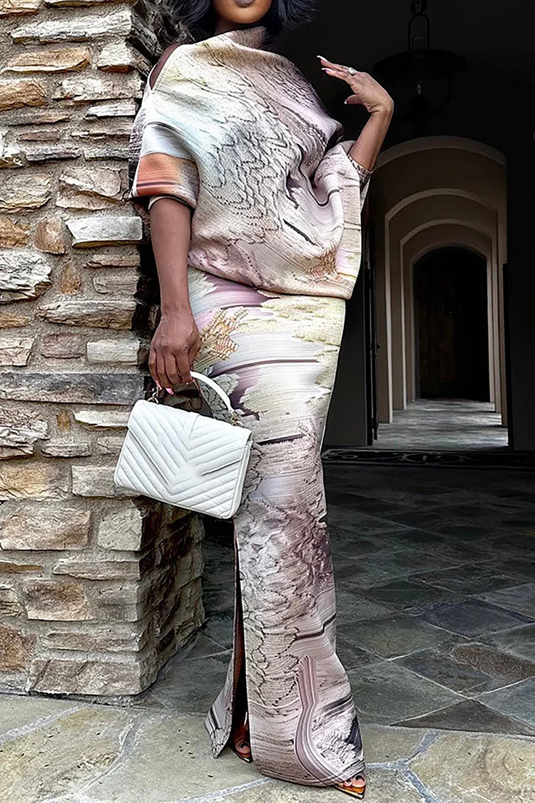 Plus Size Semi Formal Skirt Set Apricot Asymmetrical Print Slash Neck Two Piece Skirt Set [Pre-Order]