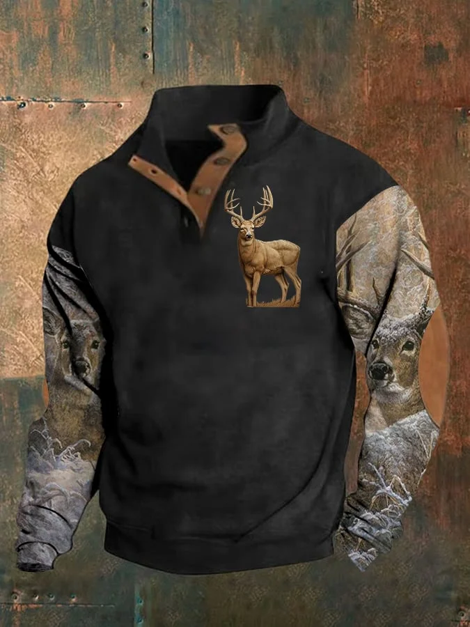 Men's Retro Western Elk Print Stand Collar Button Sweatshirt