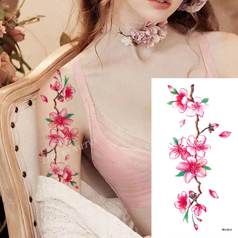 Sdrawing Transfer Pink Henna Rose Flower Temporary Tattoo Sticker Butterfly Pattern Body Art Waterproof Fake Woman's Flash Tattoo