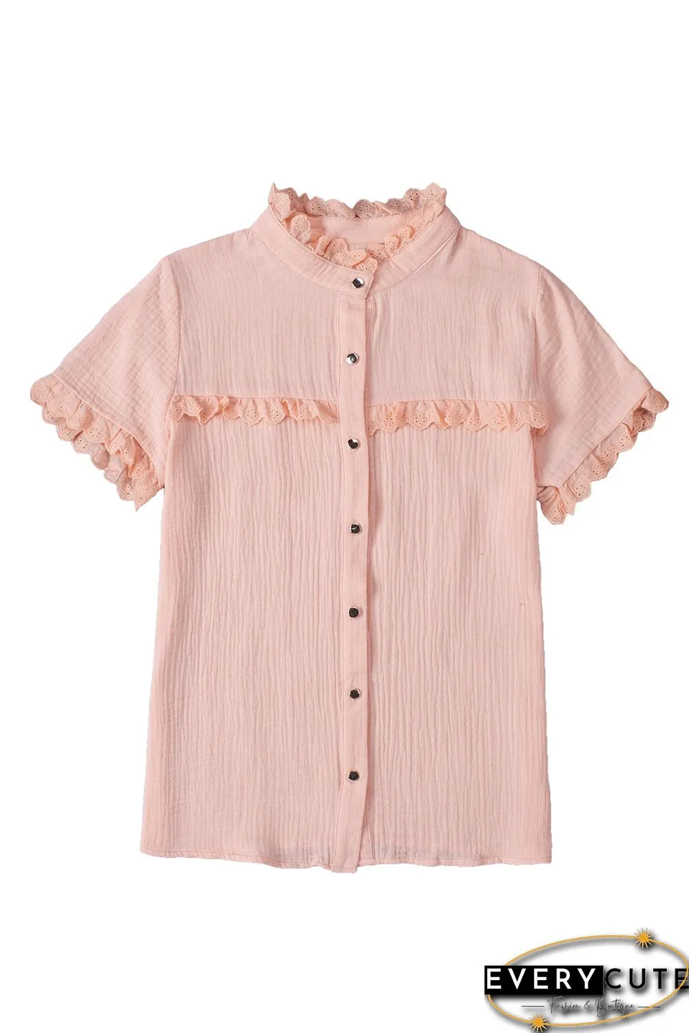 Pink Buttoned Lace Splicing Ruffle Textured Short Sleeve Shirt