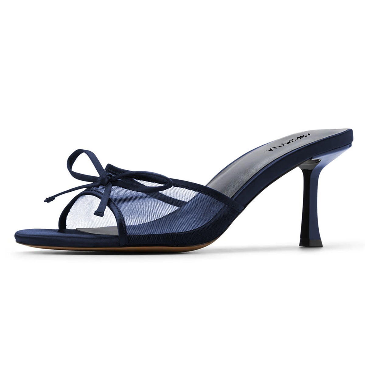 Fashion Navy Mesh Flared Heel Open Toe Bow Women's Mules Shoes Nicepairs