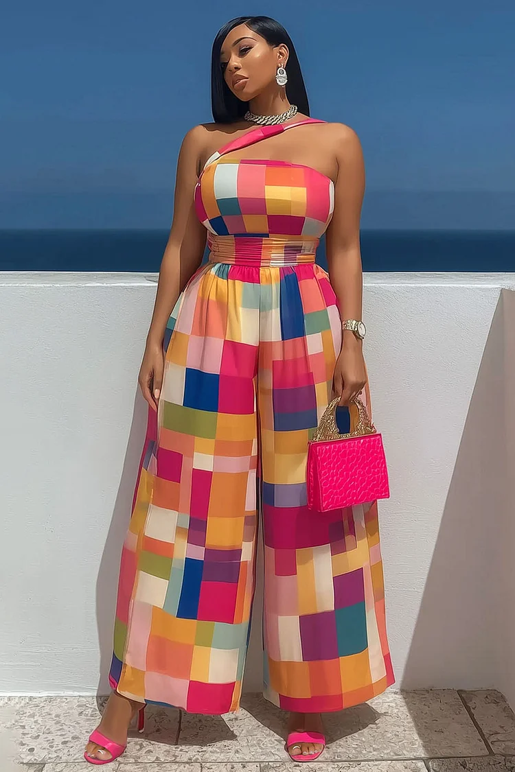 Colorblock Plaid Strap Cinched Party Wide Leg Jumpsuit-Orange [Pre Order]