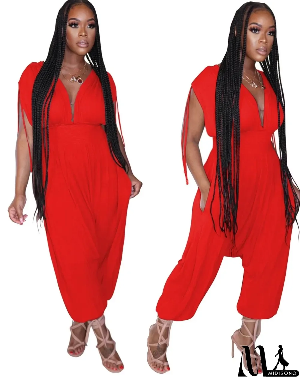 MidiSono - Sexy V-Neck Sleeveless High Waist Plain Loose Jumpsuit