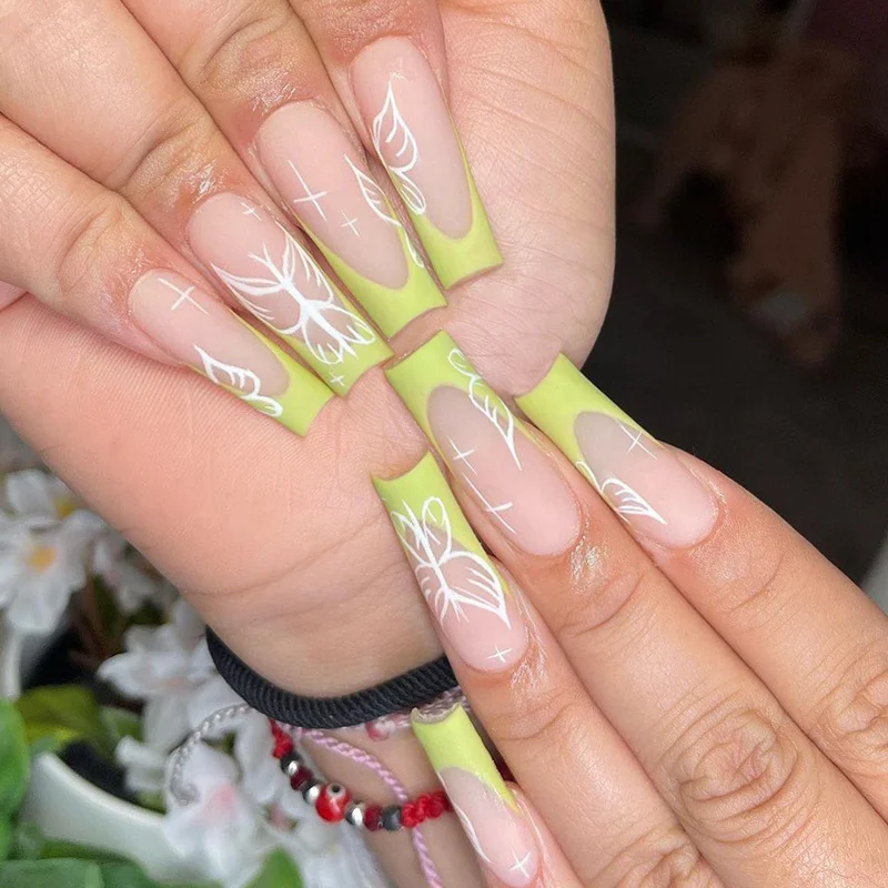 Churchf Blossoms Wearable Nail Art Long Ballet Green False Nails Fashion Detachable Finished Fake Nails Press on Nails with Glue-Nail Inspo