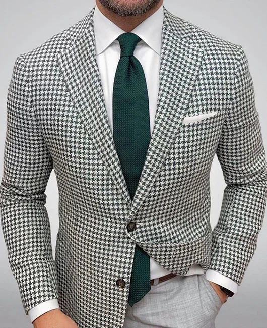Business Houndstooth Single Breasted Notch Lapel Pockets Blazer