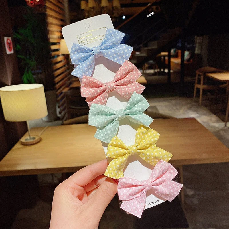 5PCS/Set New Girls Cute Plaid Print Star Hairpins For Kids Children Sweet Headband Hair Clips Barrettes Fashion Bow Accessories