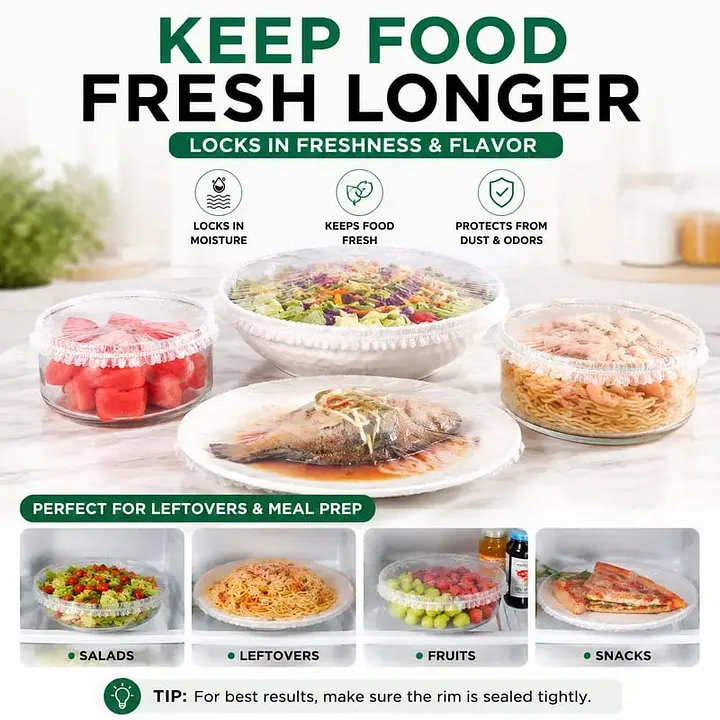 Food protected in the refrigerator with stretch covers