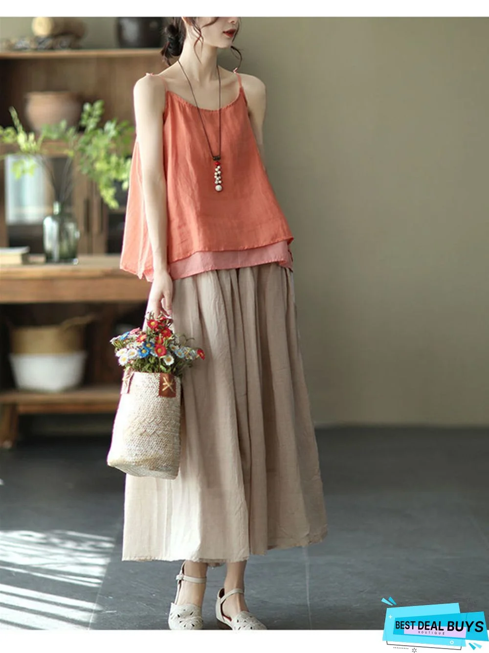 Literary and Artistic Double-Layer Cotton and Linen Skirt Women's Elegant Dress