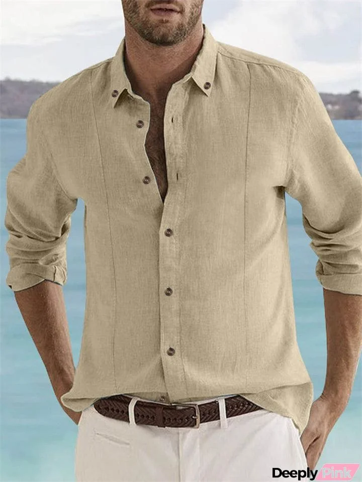 Men's Long Sleeve Button Up Cotton Linen Vacation Shirts