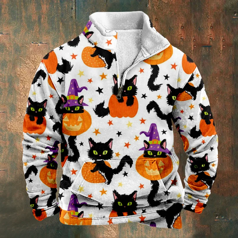 Aonga - Halloween Graphic Print Fleece Sweatshirt For Men Casual Loose Long Sleeve Lapel Zipper Hoodie Mens Autumn Fashion Pullover Tops