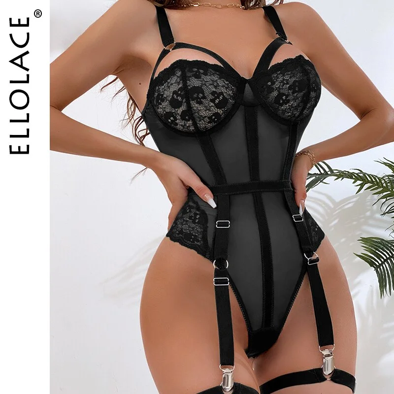 Ellolace Sexy Red Bodysuit Women Bodycon Lace Hollow Out Underwire Lingerie Body Sleeveless Top High Cut Bodysuit with Crotch