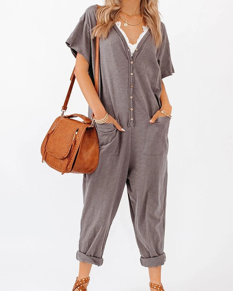 Casual Loose-fitting Solid-colored Short-sleeved Jumpsuits