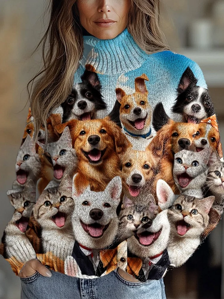 Funny Dogs  Art Print Knit Turtleneck Pullover Sweater