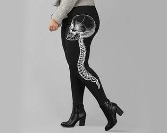 pornhint Pornhint Gothic Oversized Skeleton Skull & Spine High Waisted Leggings, Goth Punk Satanic Witch Yoga Pants,Halloween Horror Themed Elastic Sportswear