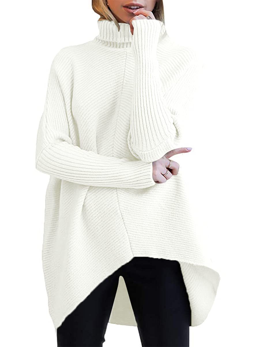  thdmladies Turtleneck Bat Sleeve Asymmetric Hem Pullover Sweater Knit Top thedmladies