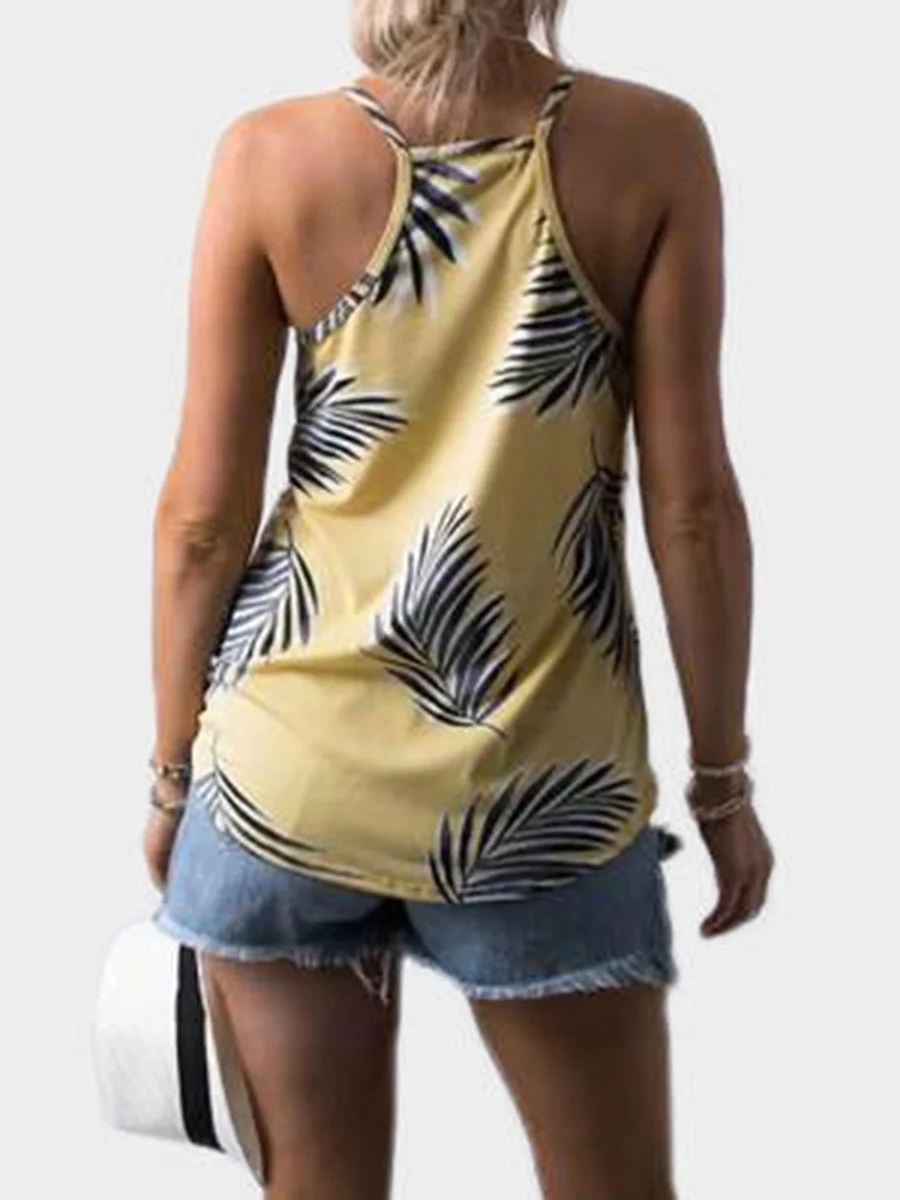 V-Neck Strap Leaf Printed Tank Top