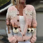 Vintage Fuzzy Sheep Pink Landscape Cozy Cardigan - Image 2