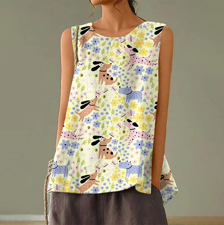 Flower Dog Art Print Linen Blend Tank Top