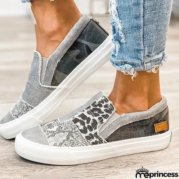 Lydiashoes Pieced Raw Edge Animal Print Canvas Slip-On Flats