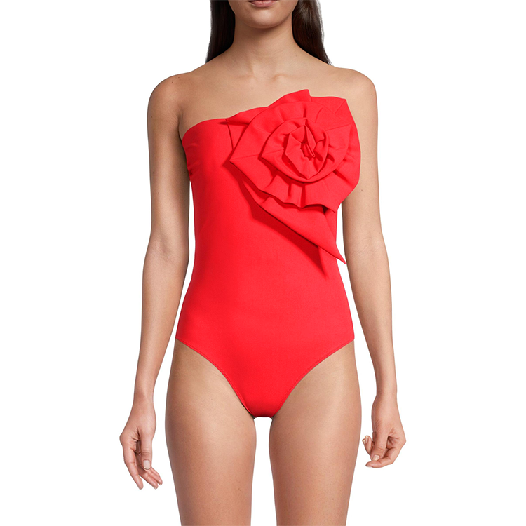 3D Flower Removable Strap Red One Piece Swimsuit and Sarong Flaxmaker