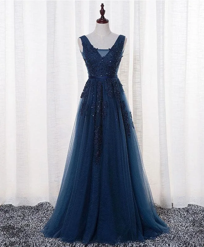 Dark Blue Lace Tulle Long Prom Dress, Lace Evening Dress SP15628
