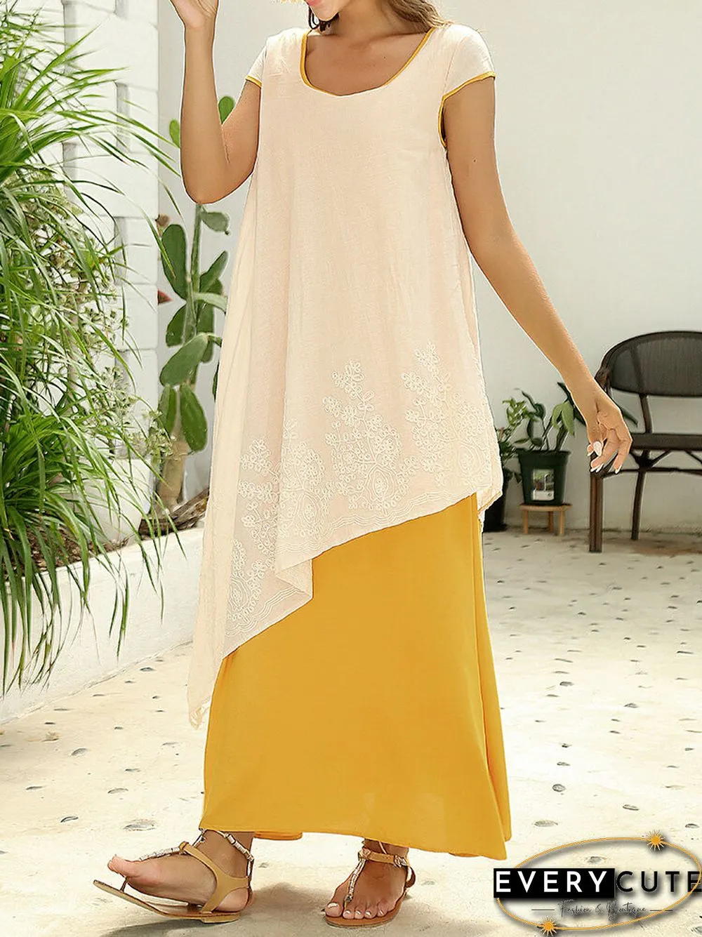 Vintage Floral Embroidered Sleeveless Two Layers Long Maxi Dresses