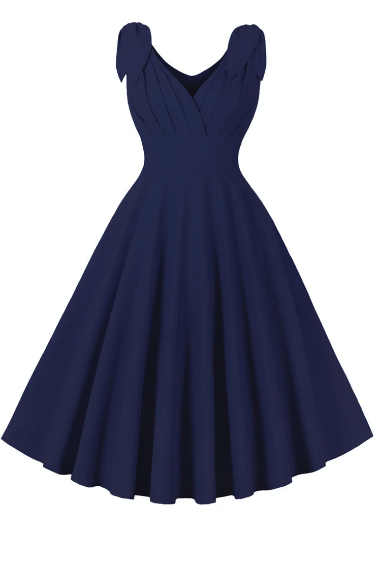 1950s Navy Blue Casual Fold V Neck Flare Swing Midi Dress
