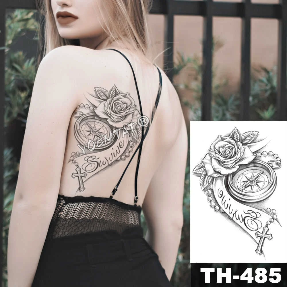 Heart shaped Clock Jewel Rose Waterproof Temporary Tattoo Sticker Black Arm Back Flowers Big Tatto Body Art Fake Tatoo For Women