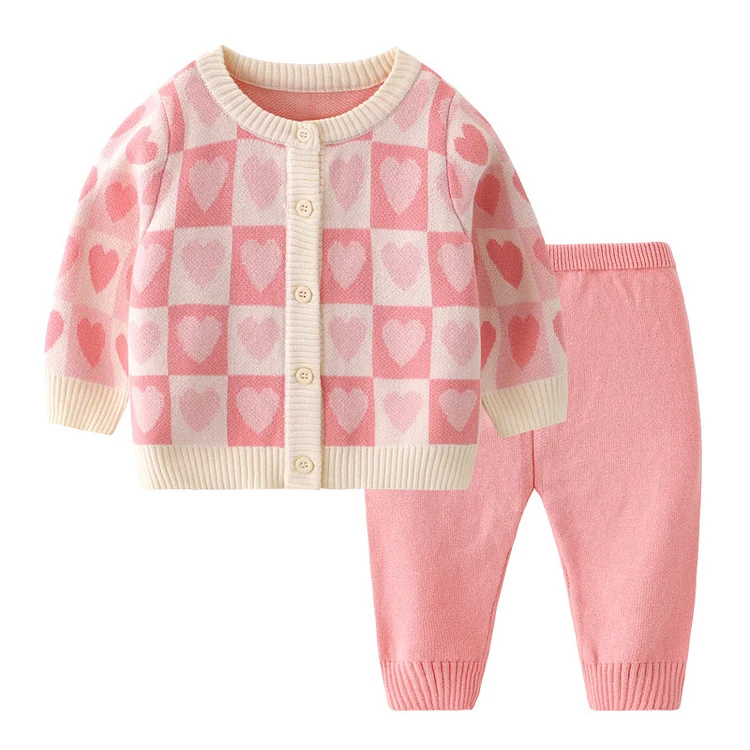 2pcs Baby Toddler Girl  Cute Heart Graphic Plaid Knit Tops and Pants Set