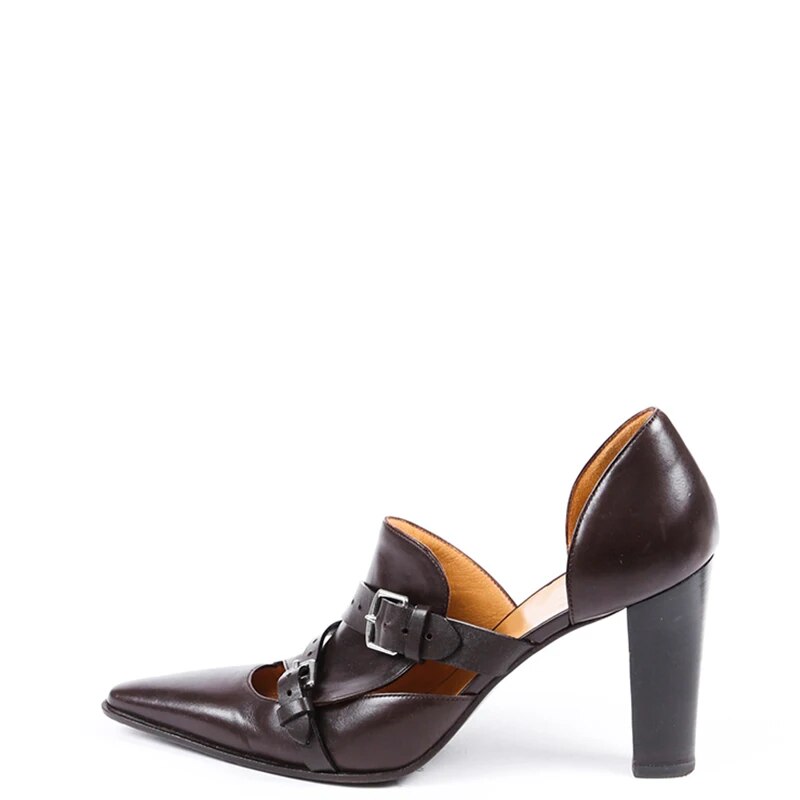 TAAFO Black Brown Women D'Orsay Pumps High Chunky Heels Pointed Toe Buckle Strap Ladies Shoes