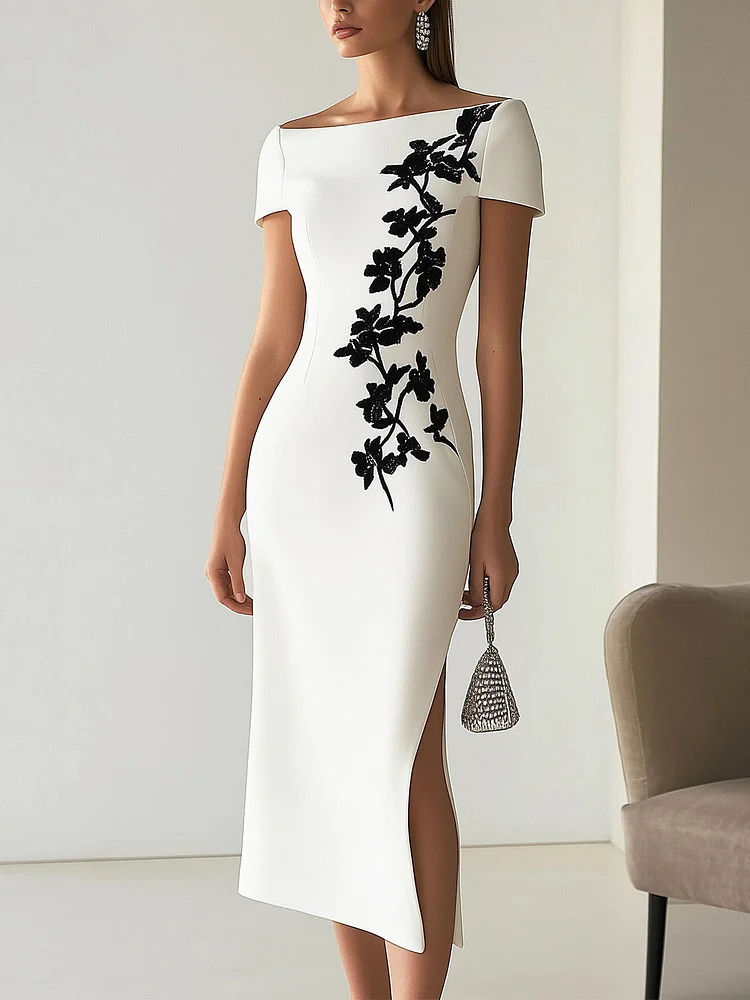 Chic Boatneck Dress with Asymmetrical Floral Print
