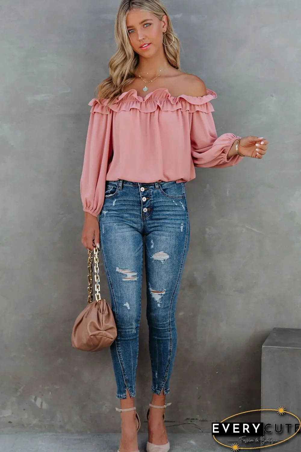 Pink Puff Sleeve Ruffled Off Shoulder Blouse