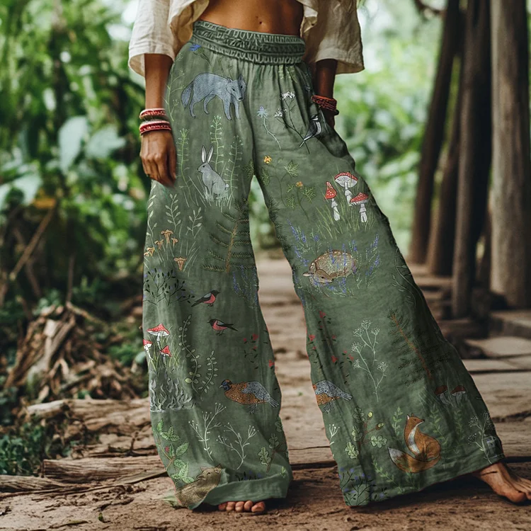 Vintage Forest Flora and Fauna Print Loose Wide-leg Pants