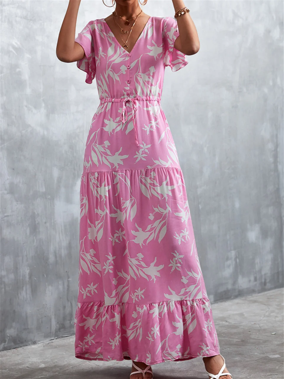 Women plus size clothing Women's Short Sleeve V-neck Floral Printed Dress-Nordswear