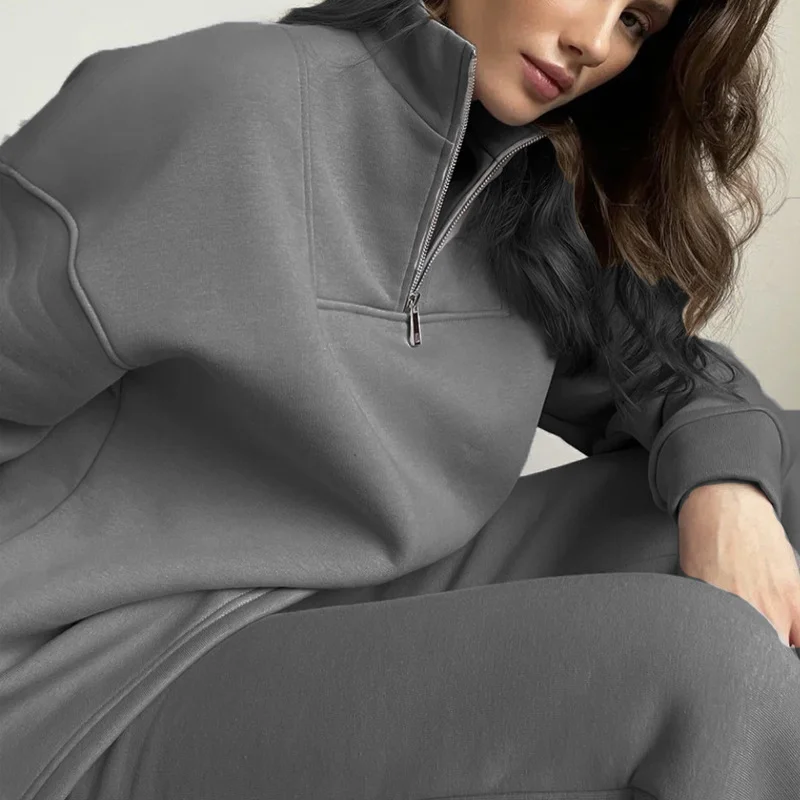 Athvotar Athvotar Selling Solid Cotton Jacket Set Zipper Plus Velvet Loose Top Sports Pants Women