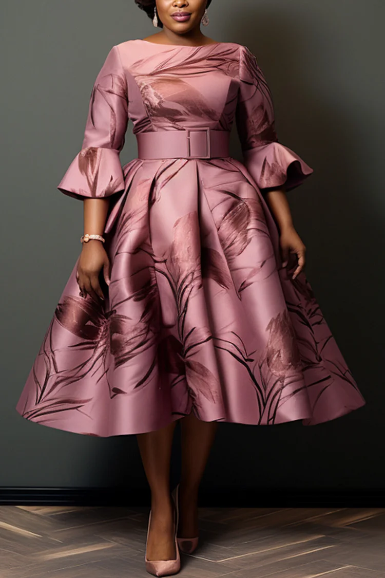 Xpluswear Design Plus Size Mother Of The Bride Pink Graphic Flare 3/4 Sleeve Pocket Satin Midi Dresses