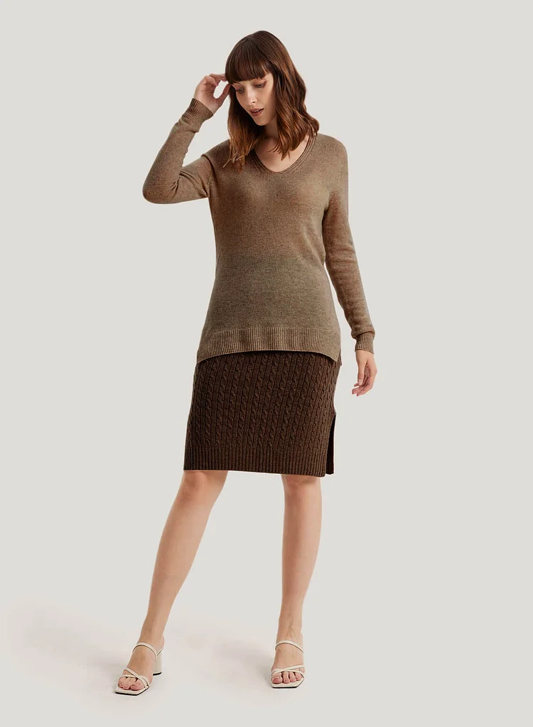 V-Neck Side-Slit Wool-Camel Hair Top
