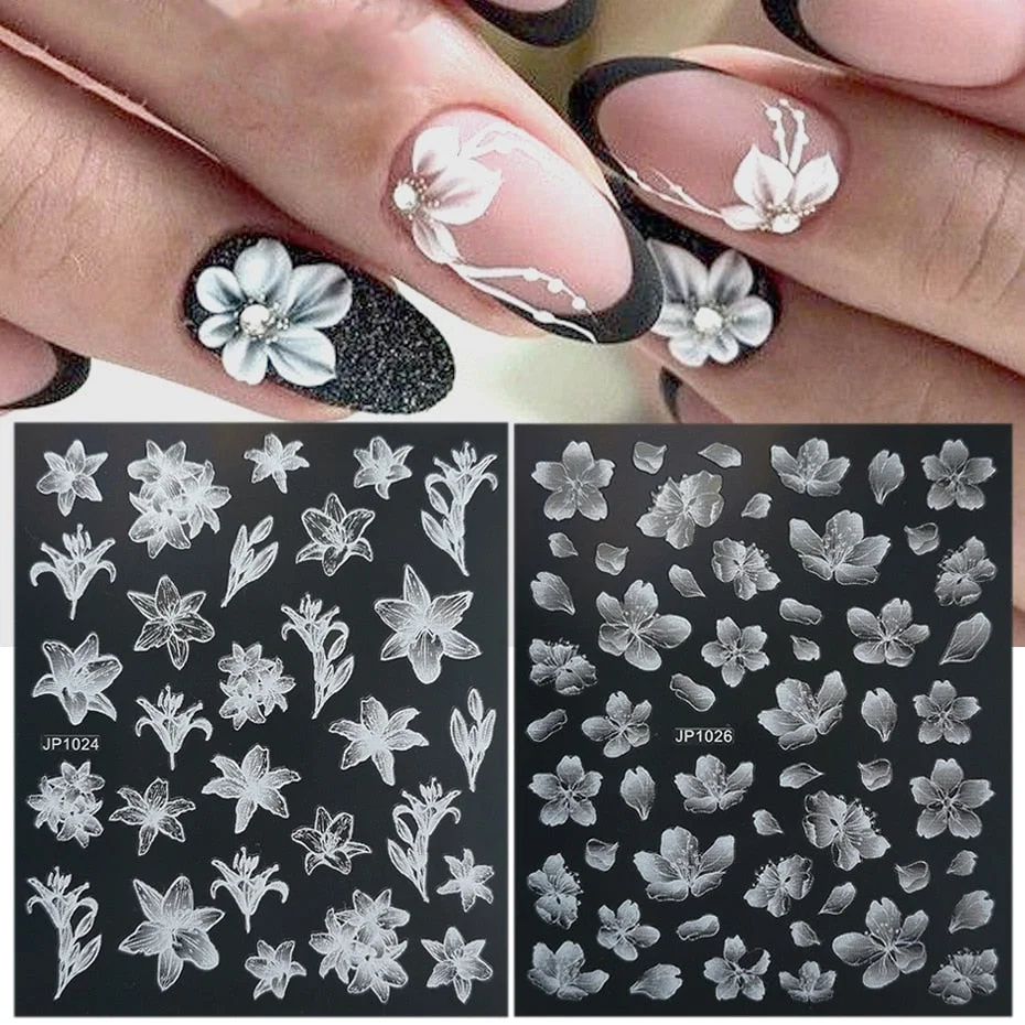 Nail Stickers Embossed 5D Gradually White Butterfly Moon Leaves Flower Designs Back Glue Nail Decals Tips For Beauty Salons-Nail Inspo