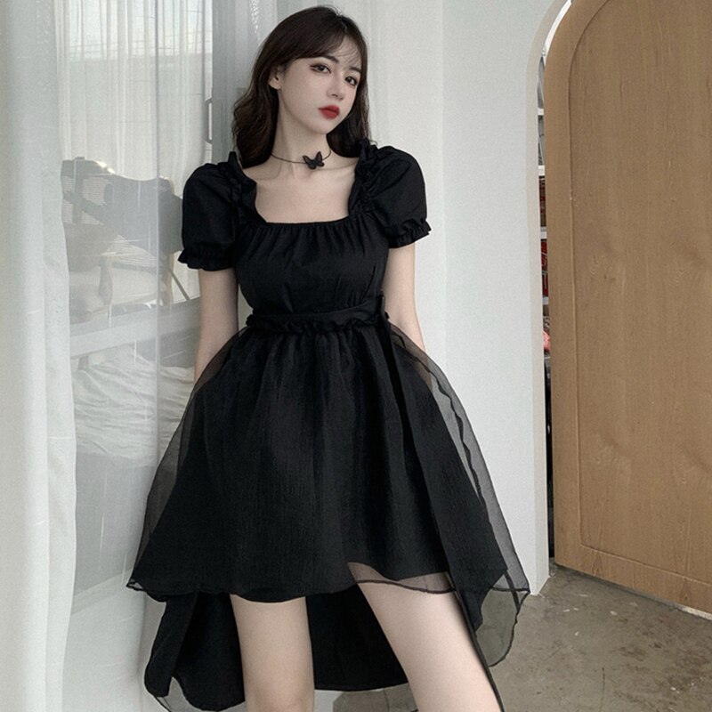 Gothic Y2k Lolita Dress E Girls Emo Alt Robe Harajuku Preppy Style Black Vestidos 90s Irregular Fairy Cute Lace Ruffles Dresses