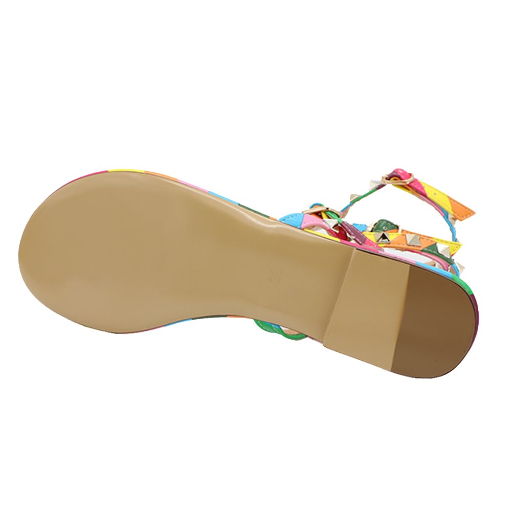 Women's Studded  T-Strap Strappy  Thong  Flats Sandals-vocosishoes